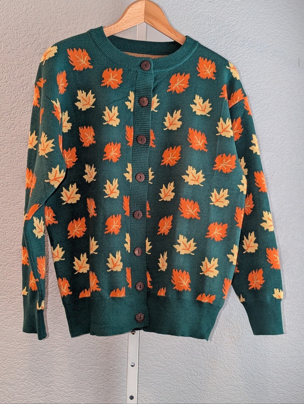Cozy Fall Maple Leaf Knit Cardigan Sweater - Green/Orange - Size Large